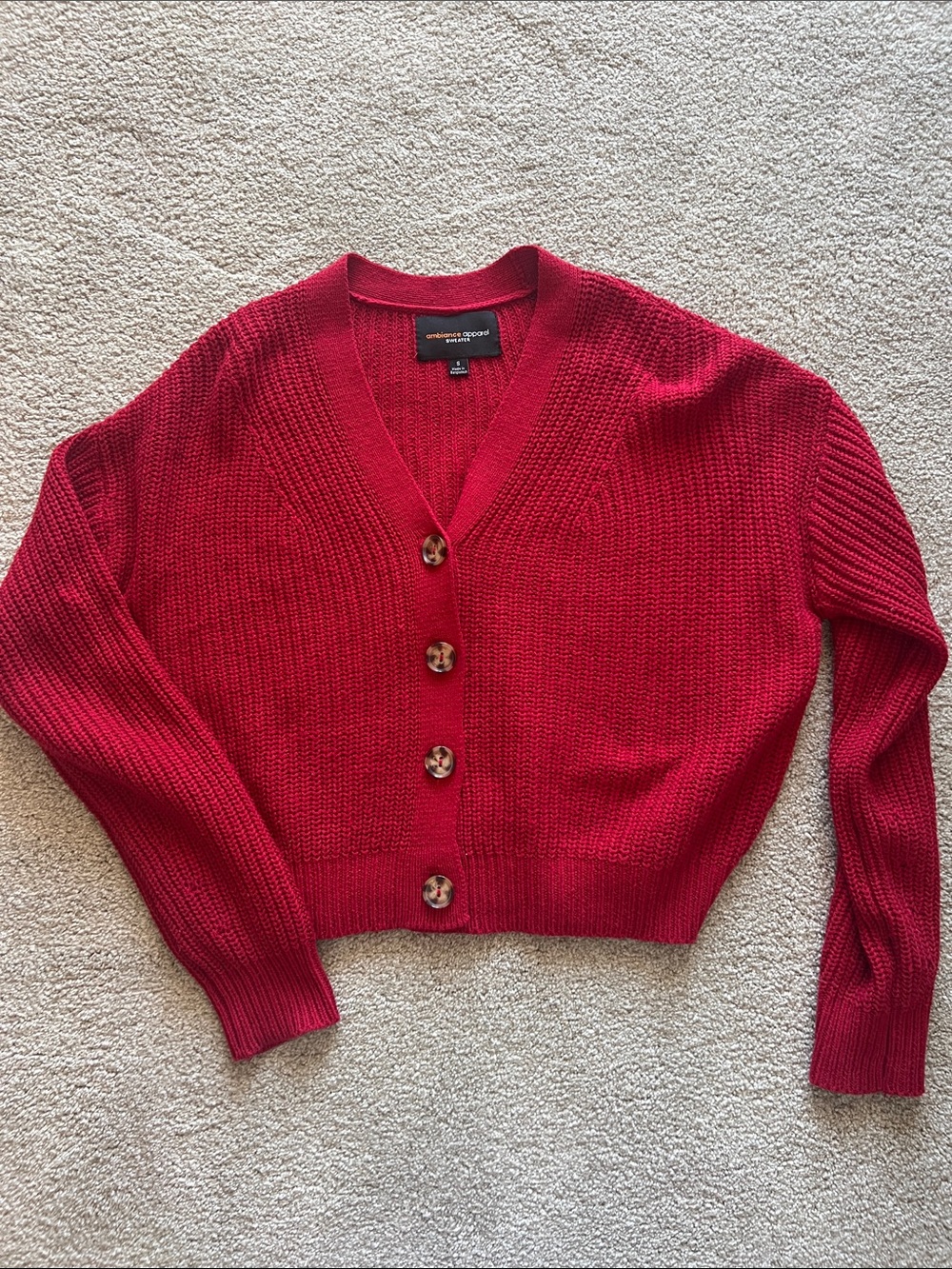Ambiance Apparel Red V-Neck Button Cardigan